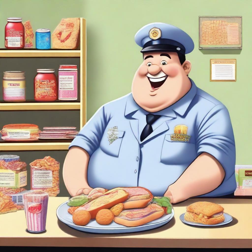 A prison warden, who is chubby and has an obsession with food, is depicted in a comical and light-hearted manner