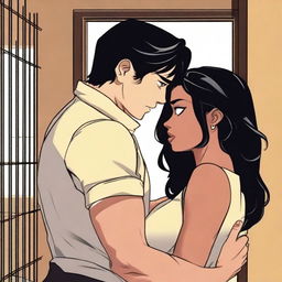 A tall, attractive white prison warden in his 30s with black hair and light brown eyes is depicted falling in love with a chubby, beautiful black woman in her 20s