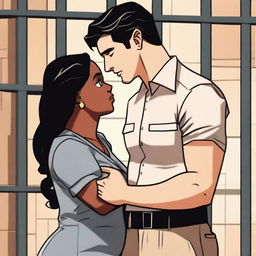 A tall, attractive white prison warden in his 30s with black hair and light brown eyes is depicted falling in love with a chubby, beautiful black woman in her 20s