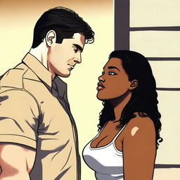 A tall, attractive white prison warden in his 30s with black hair and light brown eyes is depicted falling in love with a chubby, beautiful black woman in her 20s