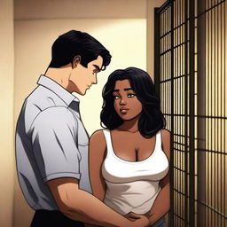 A tall, attractive white prison warden in his 30s with black hair and light brown eyes is depicted falling in love with a chubby, beautiful black woman in her 20s