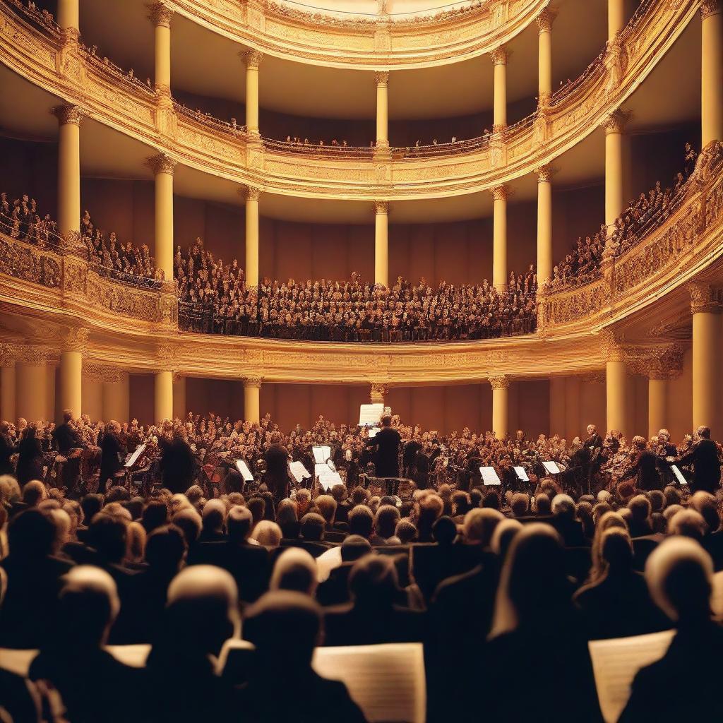 A high-quality realistic photograph of a large crowd at a Mozart concert