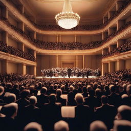 A high-quality realistic photograph of a large crowd at a Mozart concert