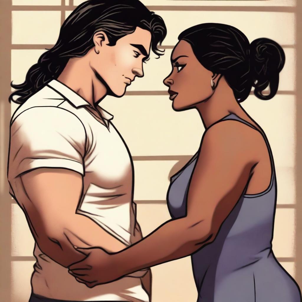 A tall, attractive white prison warden in his 30s with black hair and light brown eyes is depicted falling in love with a chubby, beautiful black woman in her 20s