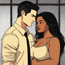 A tall, attractive white prison warden in his 30s with black hair and light brown eyes is depicted falling in love with a chubby, beautiful black woman in her 20s