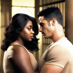 A tall, attractive white prison warden in his 30s with black hair and light brown eyes is depicted falling in love with a chubby, beautiful black woman in her 20s