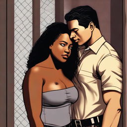 A tall, attractive white prison warden in his 30s with black hair and light brown eyes is depicted falling in love with a chubby, beautiful black woman in her 20s