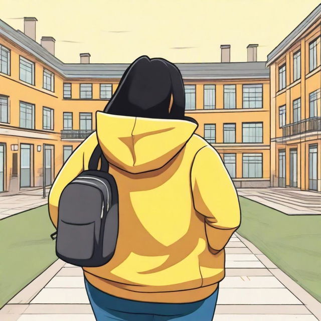 A fat university student with a yellow hoodie on her back, standing with her back facing the viewer