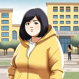 A fat university student with a yellow hoodie on her back, standing with her back facing the viewer