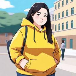 A fat university student with a yellow hoodie on her back, standing with her back facing the viewer