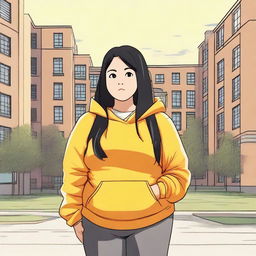 A fat university student with a yellow hoodie on her back, standing with her back facing the viewer