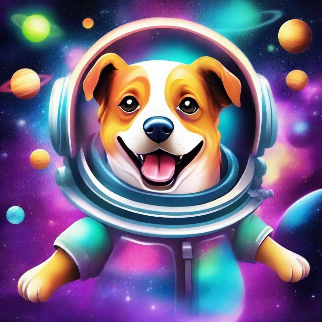 A cute dog traveling through the universe, surrounded by stars, planets, and galaxies