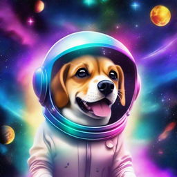 A cute dog traveling through the universe, surrounded by stars, planets, and galaxies