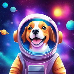 A cute dog traveling through the universe, surrounded by stars, planets, and galaxies