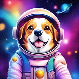 A cute dog traveling through the universe, surrounded by stars, planets, and galaxies