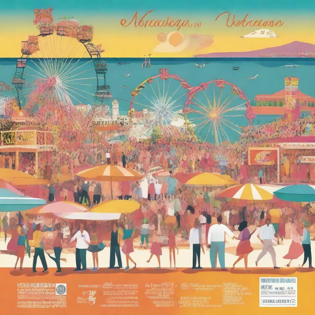 A poster for the Málaga Fair 2025 featuring bustling crowds in the streets, garlands, and a Ferris wheel in the background by the sea at sunset