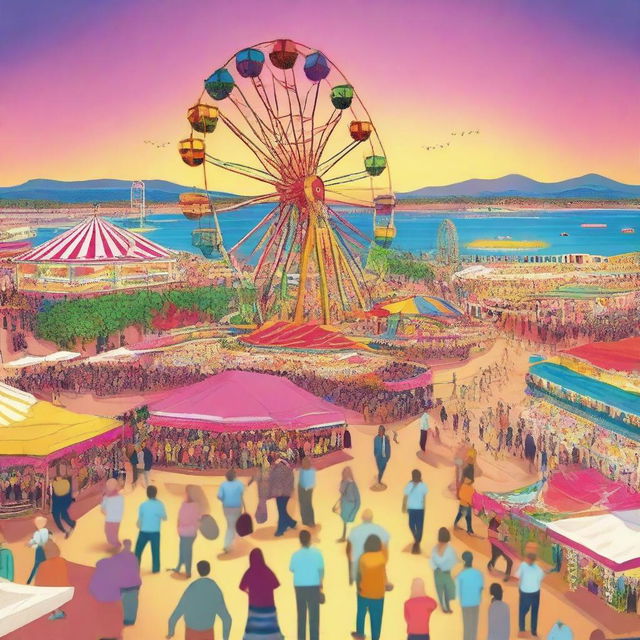 A poster for the Málaga Fair 2025 featuring bustling crowds in the streets, garlands, and a Ferris wheel in the background by the sea at sunset