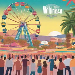 A poster for the Málaga Fair 2025 featuring bustling crowds in the streets, garlands, and a Ferris wheel in the background by the sea at sunset