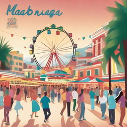 A poster for the Málaga Fair 2025 featuring bustling crowds in the streets, garlands, and a Ferris wheel in the background by the sea at sunset