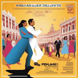 Cartel de la feria de Málaga 2025 con bullicio de gente en las calles tradicionales del centro, gente cantando y bailando sevillanas, calles adornadas con guirnaldas y una noria de fondo junto al mar y un faro en una puesta de sol
