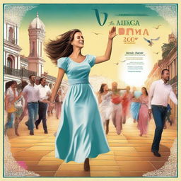 Cartel de la feria de Málaga 2025 con bullicio de gente en las calles tradicionales del centro, gente cantando y bailando sevillanas, calles adornadas con guirnaldas y una noria de fondo junto al mar y un faro en una puesta de sol