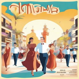 Cartel de la feria de Málaga 2025 con bullicio de gente en las calles tradicionales del centro, gente cantando y bailando sevillanas, calles adornadas con guirnaldas y una noria de fondo junto al mar y un faro en una puesta de sol