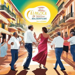 Cartel de la feria de Málaga 2025 con bullicio de gente en las calles tradicionales del centro, gente cantando y bailando sevillanas, calles adornadas con guirnaldas y una noria de fondo junto al mar y un faro en una puesta de sol