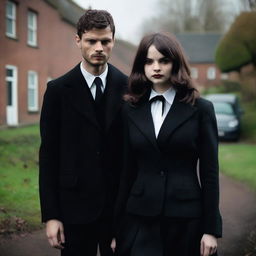 Jamie Dornan from 'The Fall' dressed in black with thick lips, standing next to India Eisley from 'Look Away' dressed as a schoolgirl