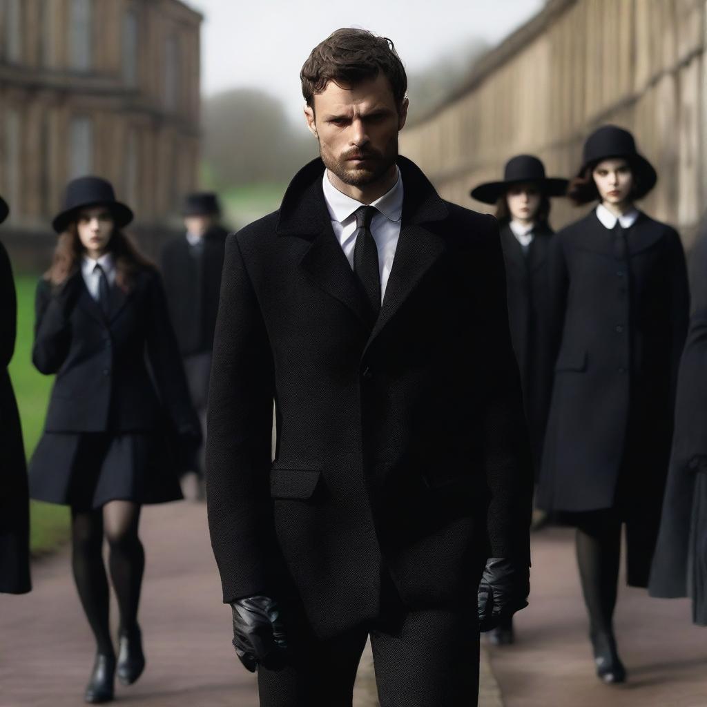 Jamie Dornan from 'The Fall' dressed in black with thick lips, standing next to India Eisley from 'Look Away' dressed as a schoolgirl