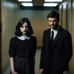 Jamie Dornan from 'The Fall' dressed in black with thick lips, standing next to India Eisley from 'Look Away' dressed as a schoolgirl