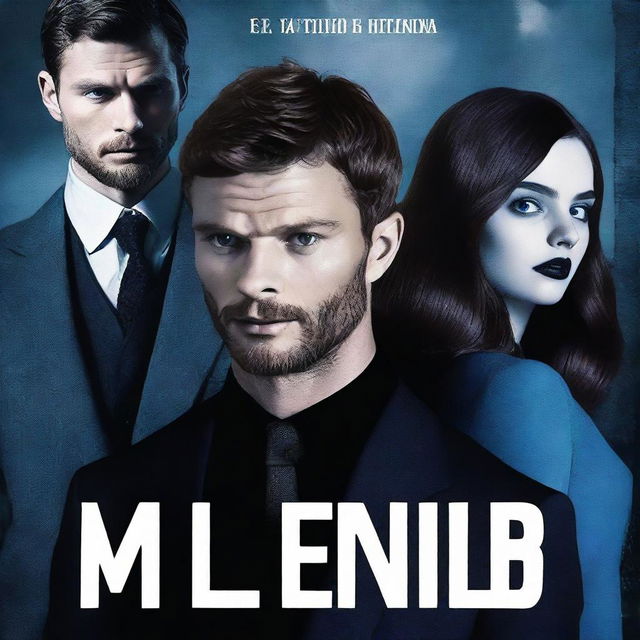 A dark-themed book cover featuring Jamie Dornan from 'The Fall' dressed in black with thick lips, standing next to India Eisley from 'Look Away' dressed in a blue schoolgirl outfit