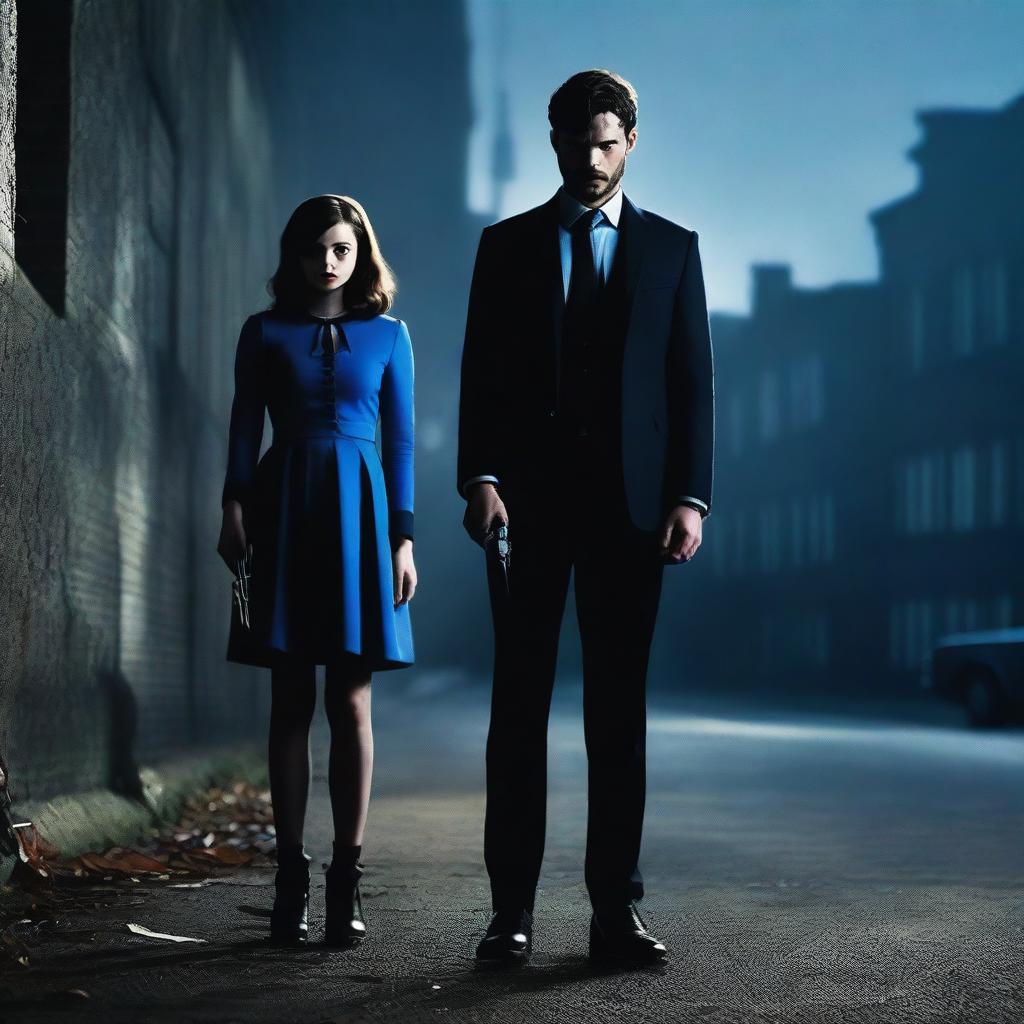 A dark mafia-themed scene featuring Jamie Dornan from 'The Fall' dressed in black with thick lips and holding a weapon, standing next to teenage India Eisley from 'Look Away' dressed in a blue schoolgirl outfit and also holding a weapon