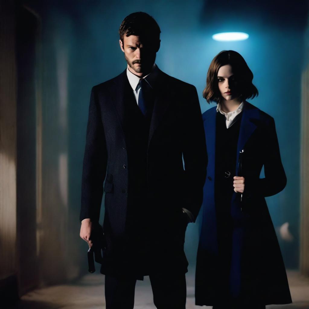 A dark mafia-themed scene featuring Jamie Dornan from 'The Fall' dressed in black with thick lips and holding a weapon, standing next to teenage India Eisley from 'Look Away' dressed in a blue schoolgirl outfit and also holding a weapon