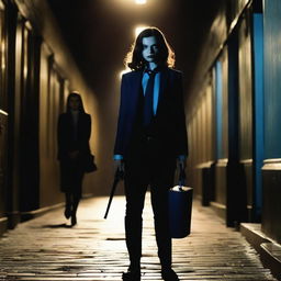 A dark mafia-themed scene featuring Jamie Dornan from 'The Fall' dressed in black with thick lips and holding a weapon, standing next to teenage India Eisley from 'Look Away' dressed in a blue schoolgirl outfit and also holding a weapon