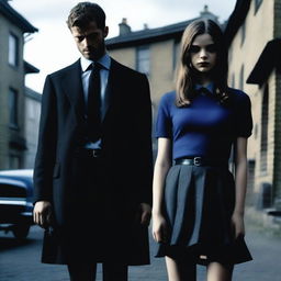 A dark mafia-themed scene featuring Jamie Dornan from 'The Fall' dressed in black with thick lips and holding a weapon, standing next to teenage India Eisley from 'Look Away' dressed in a blue schoolgirl outfit and also holding a weapon