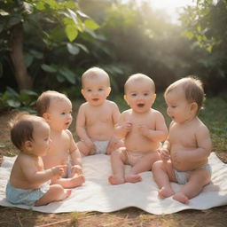 Create an image of adorable babies gathered together in a bright, sunlit setting, engrossed in a storytelling session of moral tales. The physical manifestations of these tales should subtly embellish the surroundings.