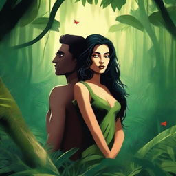 A captivating fictional novel cover featuring a lady demon living in a dense jungle, who falls in love with a human