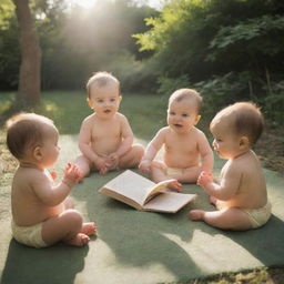 Create an image of adorable babies gathered together in a bright, sunlit setting, engrossed in a storytelling session of moral tales. The physical manifestations of these tales should subtly embellish the surroundings.