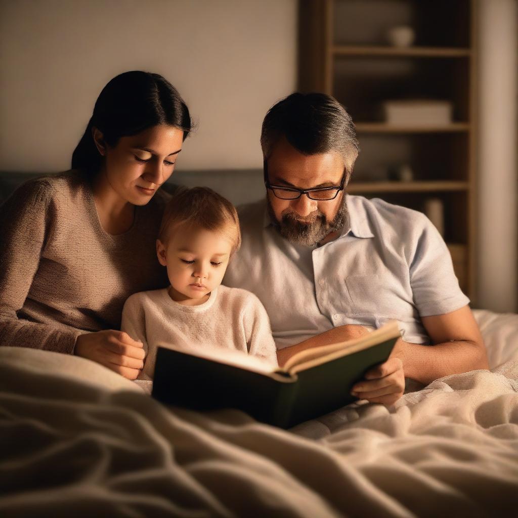 A couple of parents holding a book, preparing to read a bedtime story to their young son