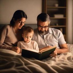 A couple of parents holding a book, preparing to read a bedtime story to their young son