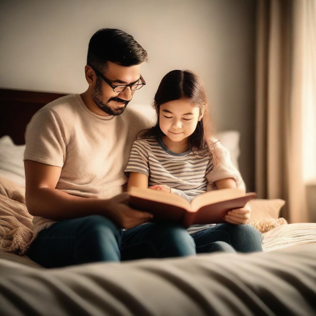 A couple of parents holding a book, preparing to read a bedtime story to their young son