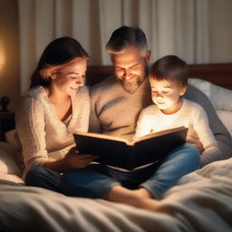 A couple of parents holding a book, preparing to read a bedtime story to their young son