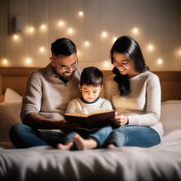 A couple of parents holding a book, preparing to read a bedtime story to their young son