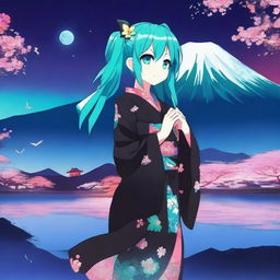 Hatsune Miku wearing a beautiful black yukata with neon turquoise lining, standing gracefully with Mount Fuji in the background