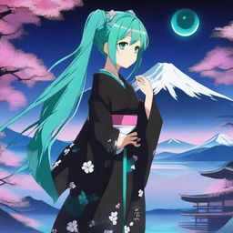 Hatsune Miku wearing a beautiful black yukata with neon turquoise lining, standing gracefully with Mount Fuji in the background