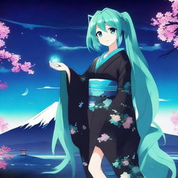 Hatsune Miku wearing a beautiful black yukata with neon turquoise lining, standing gracefully with Mount Fuji in the background