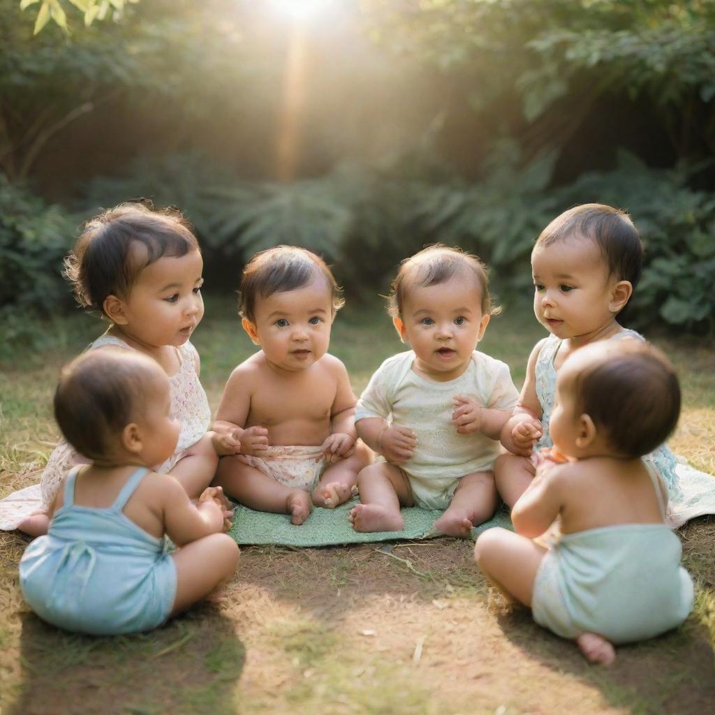 Create an image of adorable babies gathered together in a bright, sunlit setting, engrossed in a storytelling session of moral tales. The physical manifestations of these tales should subtly embellish the surroundings.