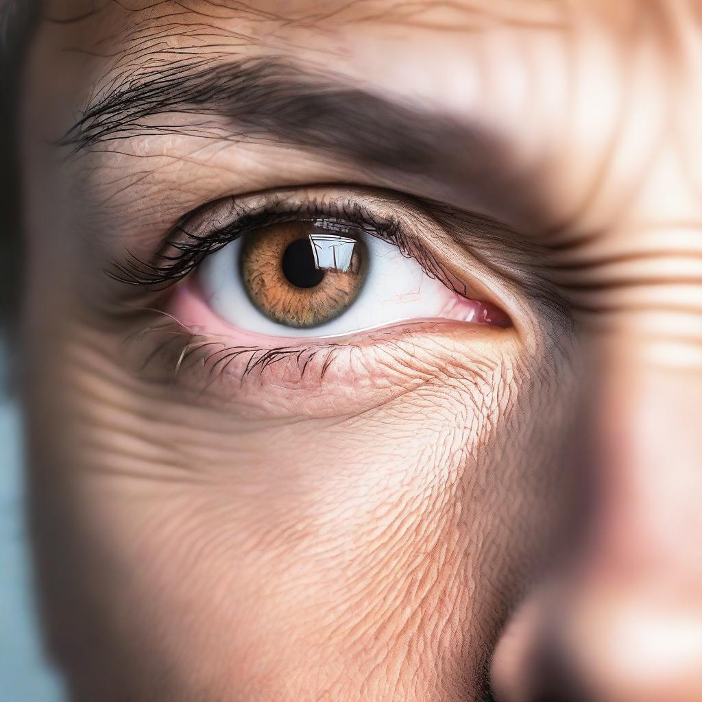 A close-up image of a man's strong light brown eyes, with a focus on the intensity and depth of the eye color