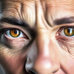 A close-up image of a man's strong light brown eyes, with a focus on the intensity and depth of the eye color