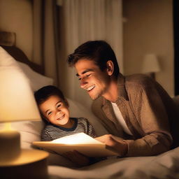 A young boy is getting into bed, ready to sleep